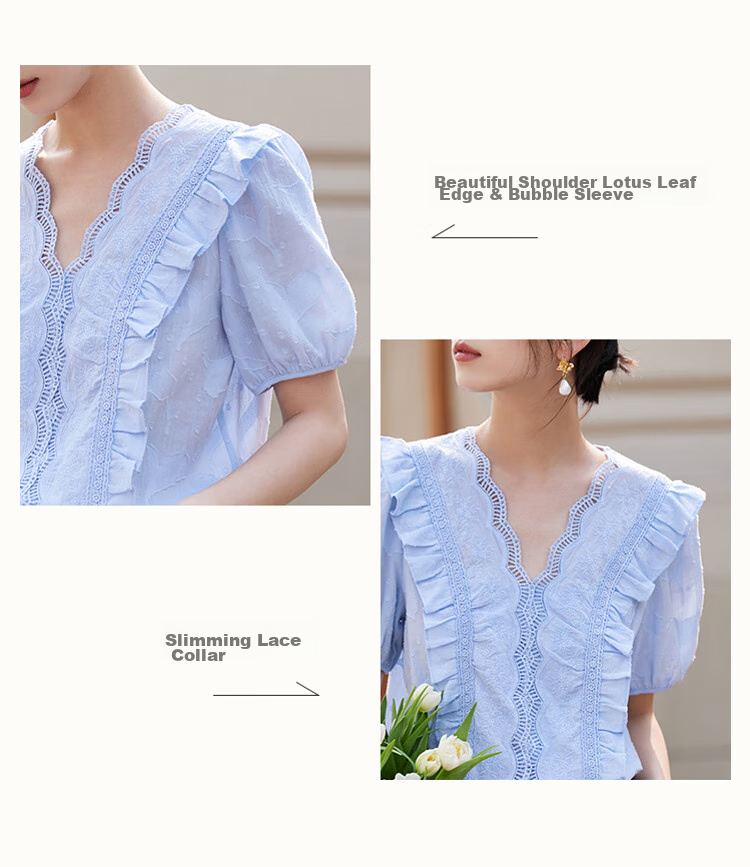 INMAN INMAN Lace Pure Color V-Neck Blouse, 2026 Summer New Arrival, Puff Sleeve Short-Sleeve Top, Pearl White, XL 4