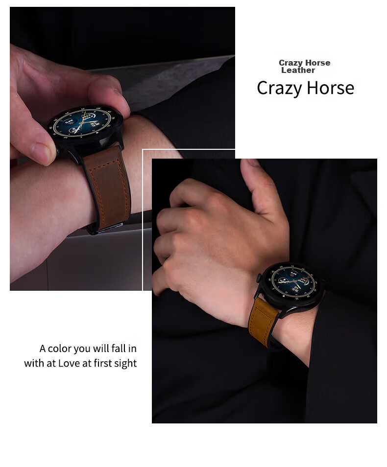 KOVOL Compatible with Huawei Watch Bands for Watch5/4/3/GT6/5/5Pro/4/3/pro, Crazy Horse Pattern Genuine Magnetic Clasp, Honor Universal 46mm Dial Leather Strap | Black 22