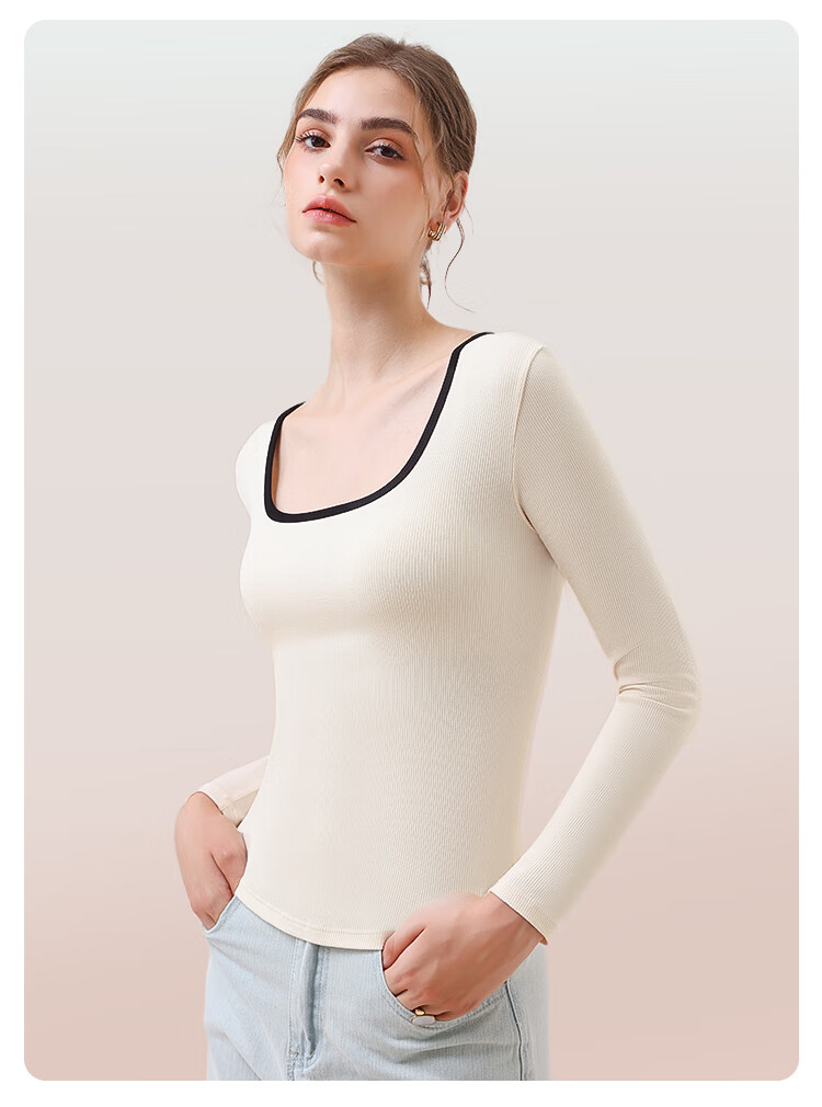 MiiOW Women's T-Shirt, U-Neck Design, Contrasting Colors, French Style, Striped Pattern, New 2026 Model, Slim-Fit Base Layer Top for Wome 17