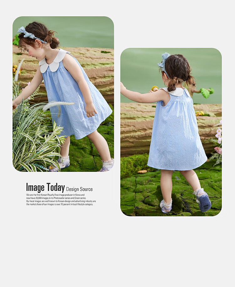 ASK JUNIOR Girls' Sleeveless Dress Summer Thin Petal Collar Plaid Casual Dress Blue Size 90 13