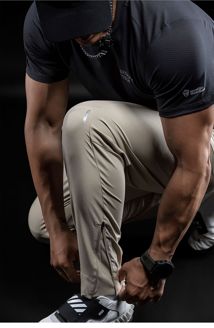 Monster Guardians Men's Sports Pants, Lightweight Breathable Quick-Dry Running Trousers, YKK Zipper Two-Tone Joggers, Khaki Color, Size M 25