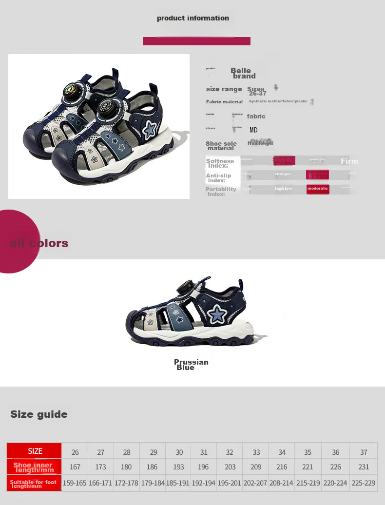 Belle [No-Tie Buckle] Children's Sandals, Summer Boys' Beach Sandals, Closed-Toe Shoes, Outdoor Sports Casual Shoes, Blue, Size 30 4