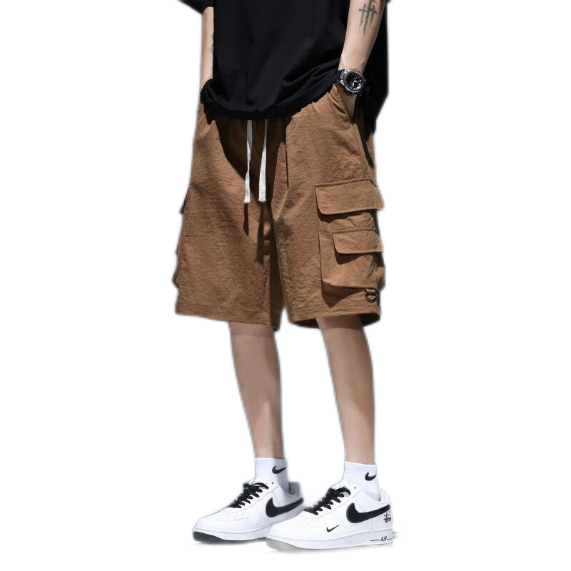 MMOPTOP Outdoor Men's Cargo Shorts, American Style, Summer Ice Silk, Loose Fit, Wide-Leg Sports Shorts, MF9907, Coffee Color, 3XL