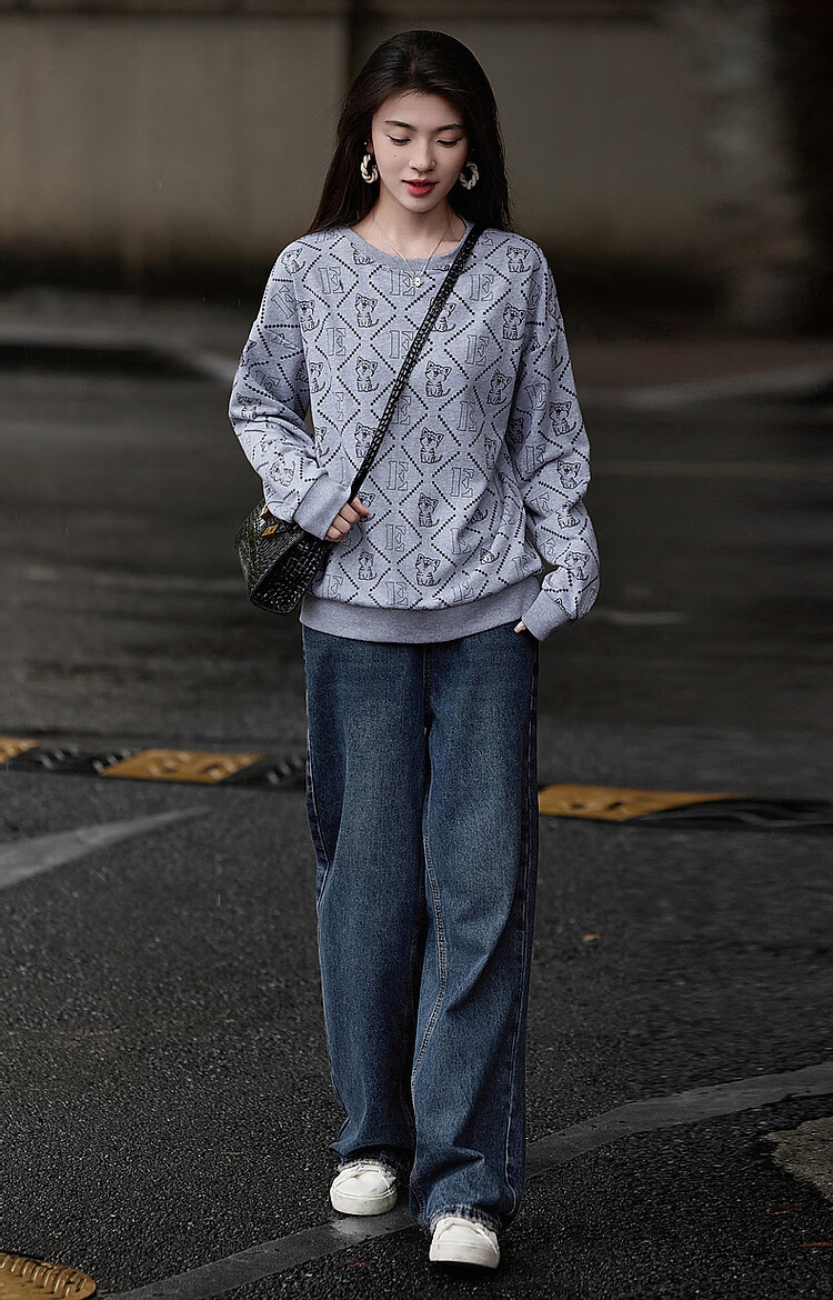 Dme [Cotton Printed Sweatshirt], Spring And Autumn Round Neck Loose Drop Shoulder Long Sleeve Slightly Stretchy Sweatshirt for Women, Flax Gray, M 14