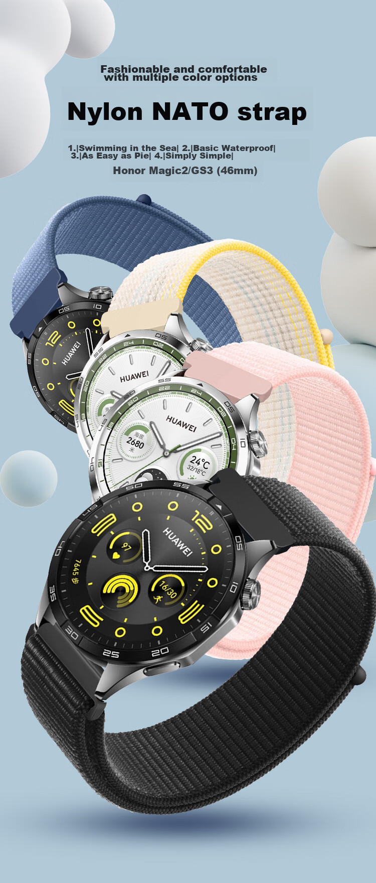 Freeson Compatible with Huawei WATCH4/3/GT4/3/2/Pro/Honor Magic2/GS3 (46mm) Smartwatch, Loop Nylon Strap Breathable Wristband 22mm Black 1