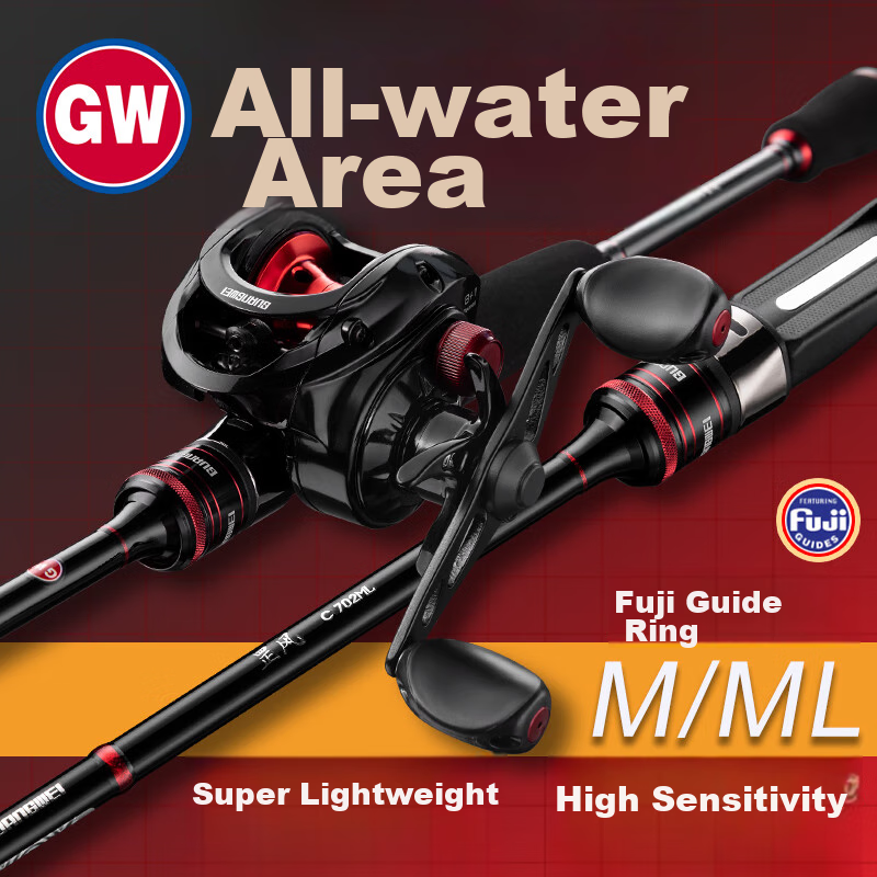 GW Gangfeng Lure Rod with Pistol Grip, 1.8 Meters, ML Action, Left-Handed Baitcasting Reel, Fuji O-Ring, Bass, Mandarin Fish, Topmouth Culter Lure Set