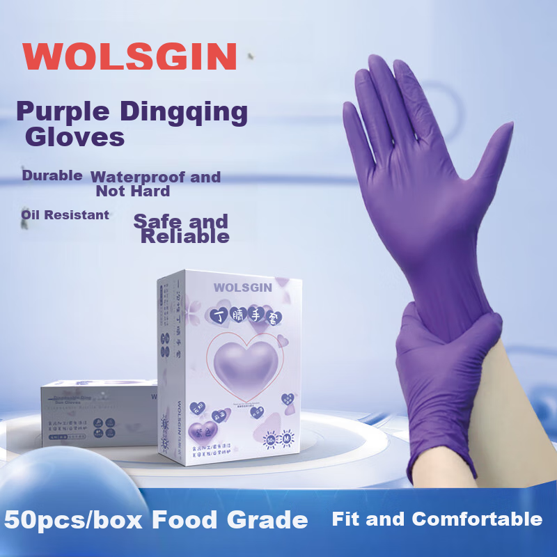 WOLSGIN Disposable Gloves, Nitrile Gloves, 50 Medium-Sized, Thickened Protective Catering Food Grade Purple Rubber Gloves