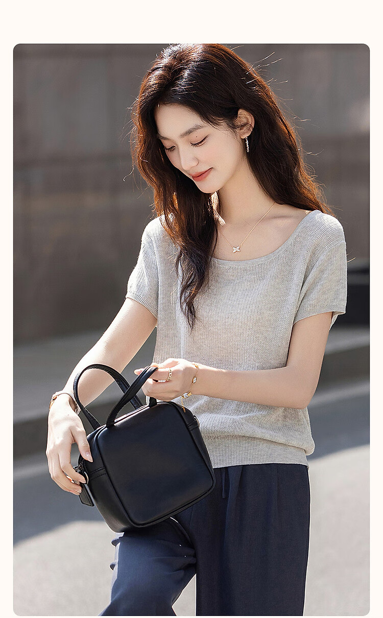 Demana Natural Linen Summer Elegant Round Neck Short Sleeve Loose Knit Top for Petite Women 2