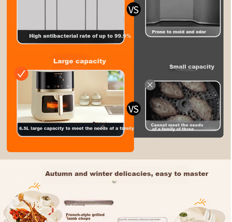 Joyoung Home 6.5L Large Capacity Electric Air Fryer with Upper And Lower Heating, No-Flip Design, Visible Window, 5 Cooking Modes, Adjustable Texture, Air Fryer KL65-V573 8