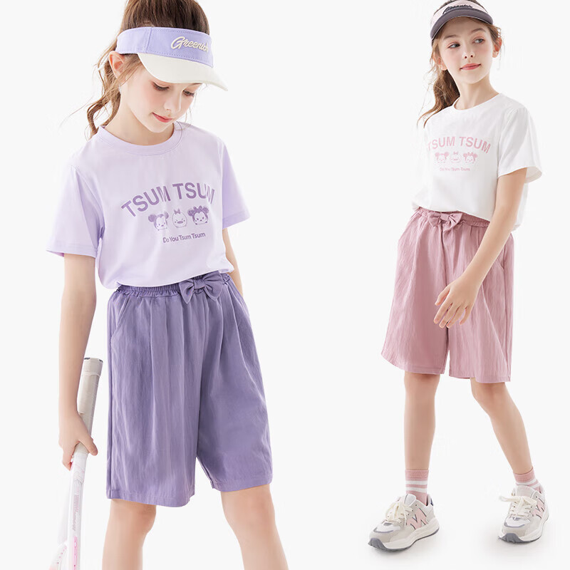 Disney Children's Set, Girls' Summer Short-Sleeve Shorts Two-Piece Suit, for Older Children, Summer Outfit, T91197 Pink, 120cm