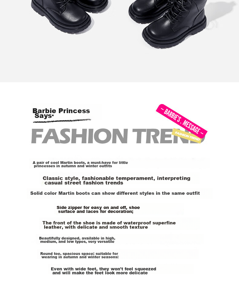 Barbie Girls' Spring And Autumn Martin Boots, Single-Lined Short Leather Boots, Versatile Black Boots for Children, DA6569 Black Size 28 2