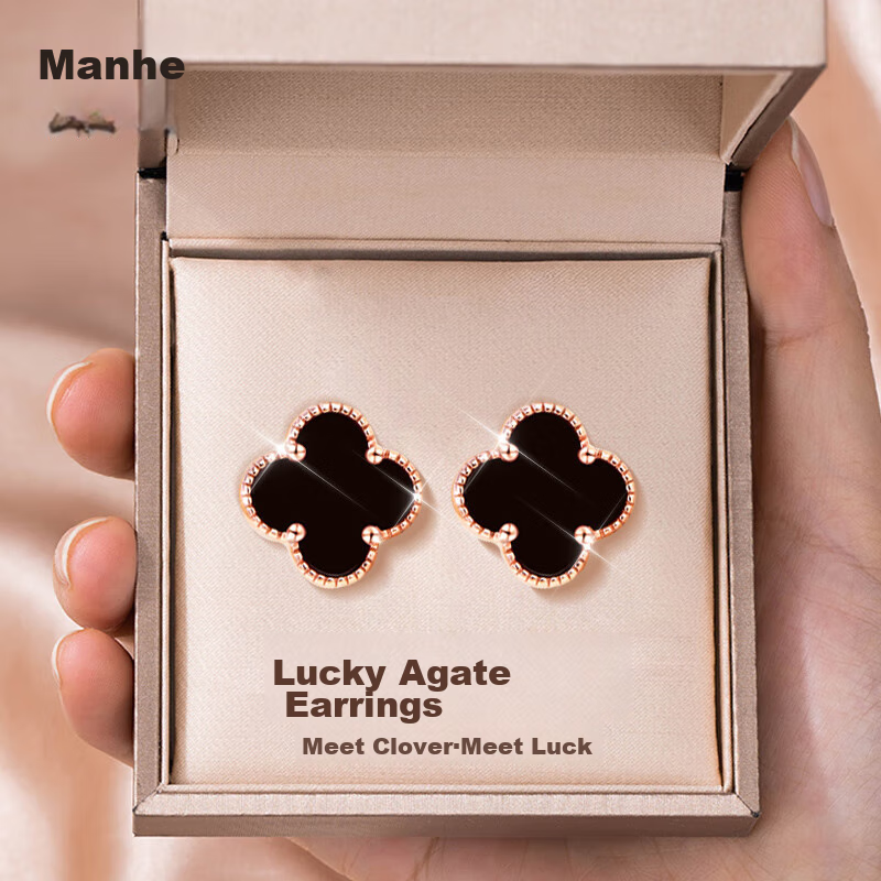 Серьги-гвоздики MANHE из стерлингового серебра S999 с четырехлистным клевером и ониксом для женщин, ювелирное изделие, подарок на день рождения, подарок на День святого Валентина