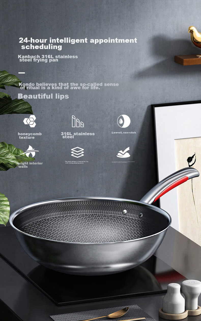 KBH Non-Stick Wok, 316L Stainless Steel Frying Pan, 32cm Honeycomb Flat Bottom Skillet, Compatible with Induction And Gas Stoves 5