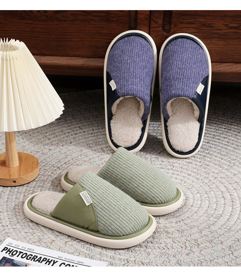 GUOLUOFEI Cotton Slippers for Men, Indoor Home Non-Slip Fleece-Lined Quiet Furry Slippers for Women, Couple Style, Gray, Size 42-43 11