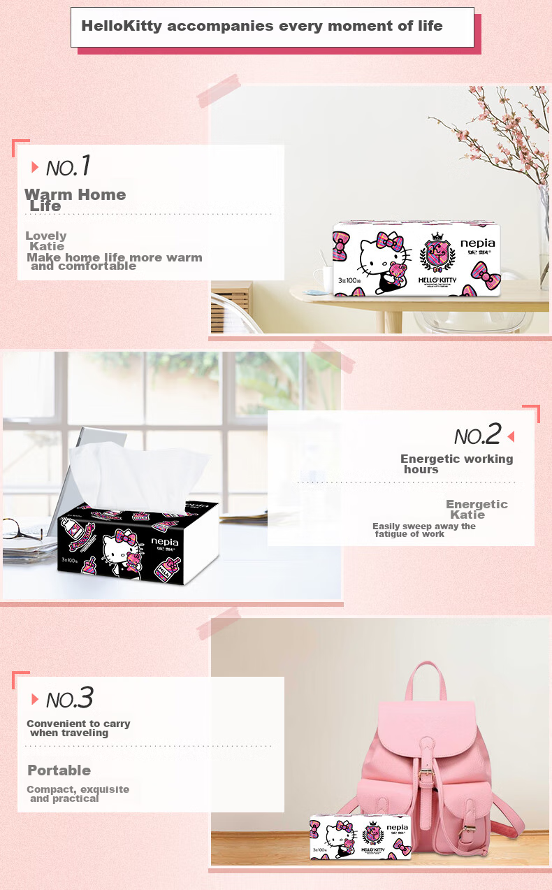 Nepia HelloKitty Facial Tissues, 3-Ply, 100 Sheets*20 Packs, Whole Box Family Pack, Napkins, Tissue Paper 4