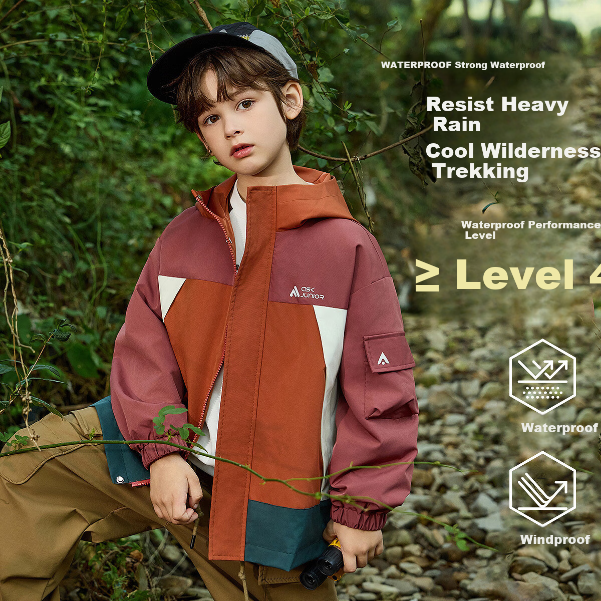 ASK JUNIOR Waterproof Children's Jacket, Fall 2026 Boys Outdoor Sports Parent-Child Wear-Resistant Soft Shell Hiking Coat, Orange, Size 160