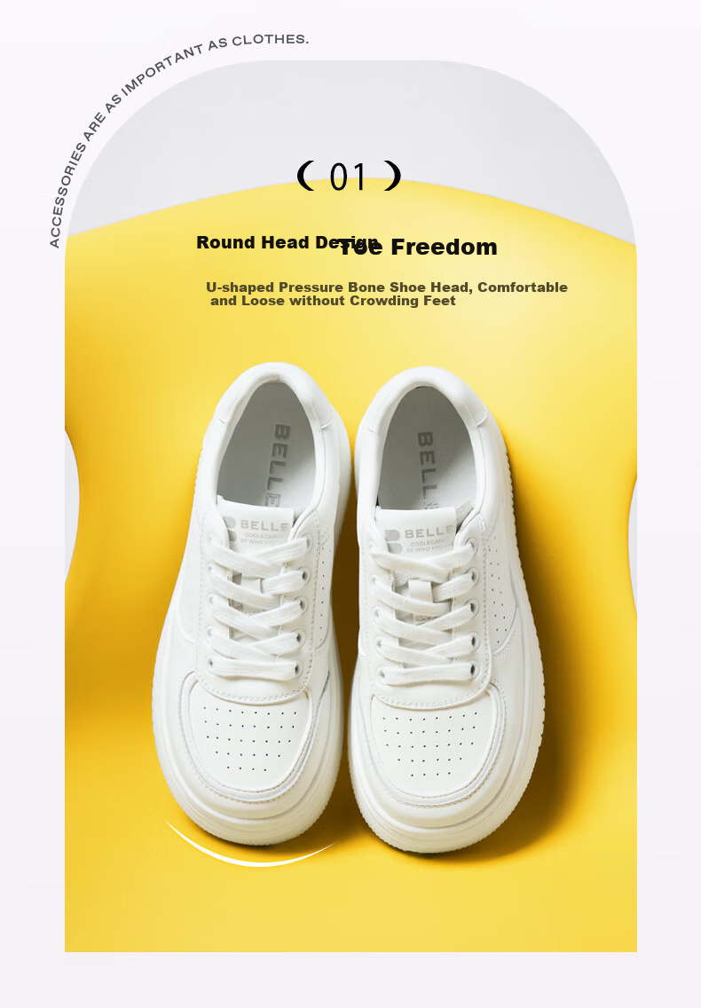Belle Women's Shoes, Simple And Versatile White Sneakers, Breathable for Spring And Summer, Height-Increasing Thick-Soled Casual Shoes, Skateboard Shoes B2597BM5, White, Size 34 3