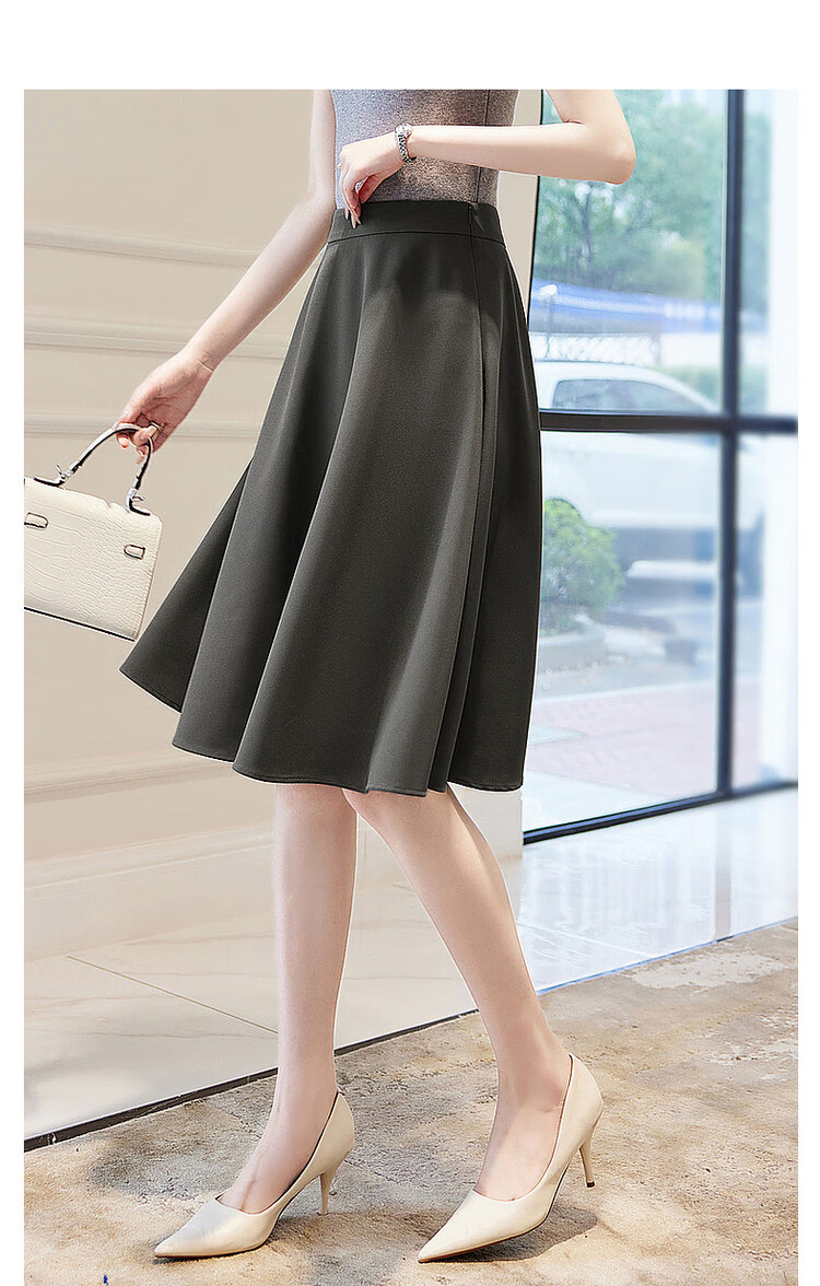 Dme [Tongqun A-Zi Umbrella Skirt] Spring And Autumn Waist-Cinching Midi Skirt, Simple Half Skirt for Women, Gray-Green, L 10