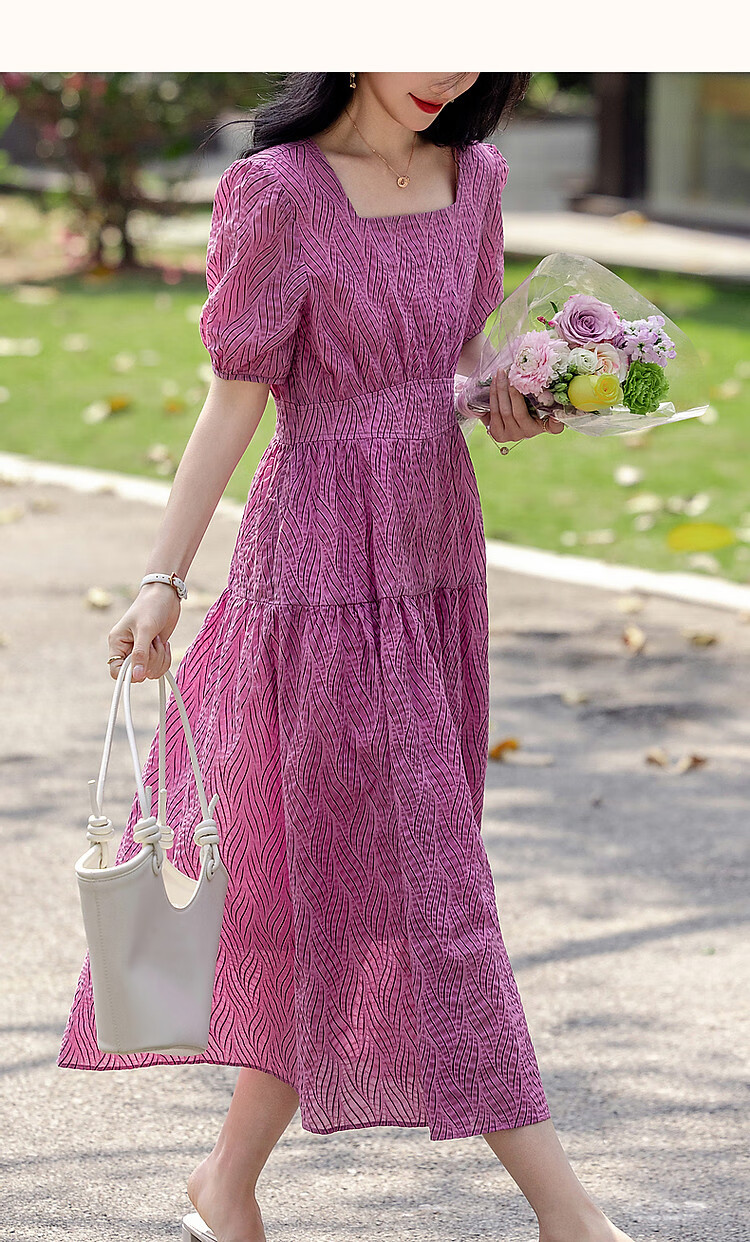 Dme [Bubble Pleated Texture] Summer French Square Neck Cotton Waist-Cinching Ruched Wide-Leg Waist-Cinching Dress 13