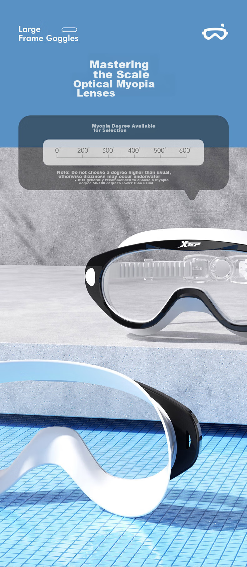 XTEP Adult Myopia Swimming Goggles for Men And Women, High Definition Anti-Fog Waterproof Large Frame Professional Diving Swimming Glasses, Black And White 200 Degrees 6