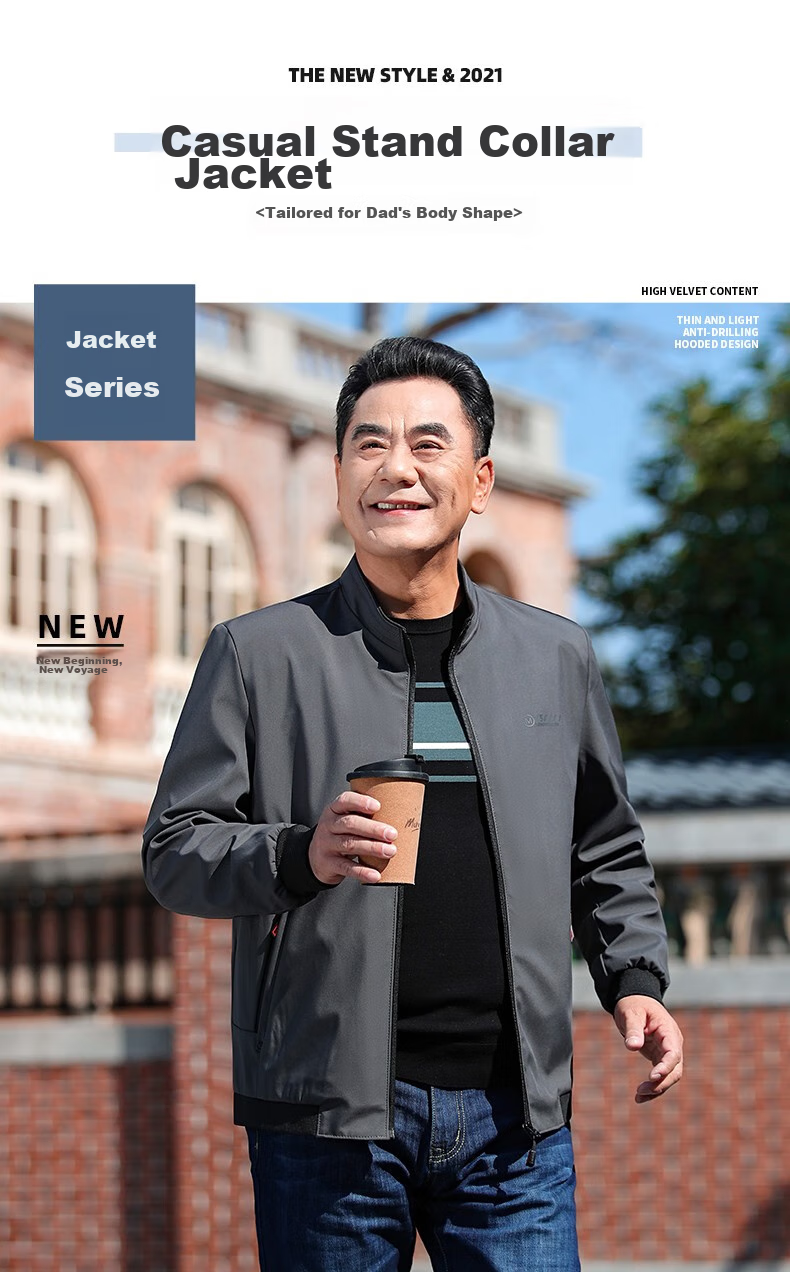 Baocaiyang Dad's Casual Stand-Collar Jacket for Men, Spring And Autumn Outerwear, Middle-Aged And Elderly Menswear, Clothing for Fathers And Grandfathers in Their 40s And 50s 1