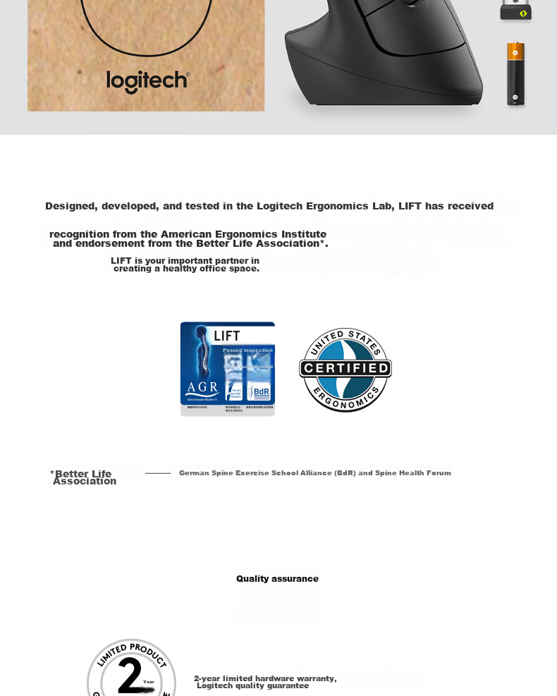 Logitech Lift Enterprise-Grade Wireless Ergonomic Vertical Mouse, Wireless Bluetooth Quiet Office Mouse with Bolt Receiver, Commercial Version Graphite Black 16