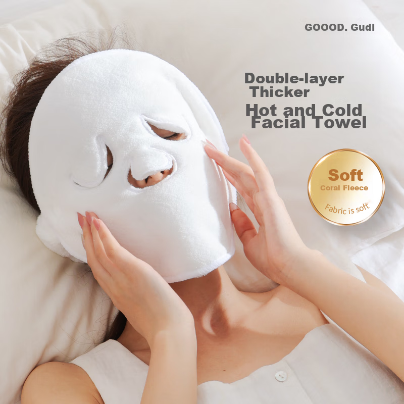 Goood Hot Compress Towel, Cold Compress Face Mask, Face Cloth for Beauty Salon, Coral Fleece Face Mask, Soft Skin Hydrating Facial Towel [Double-Layer + Strap + Nose Hole Design]