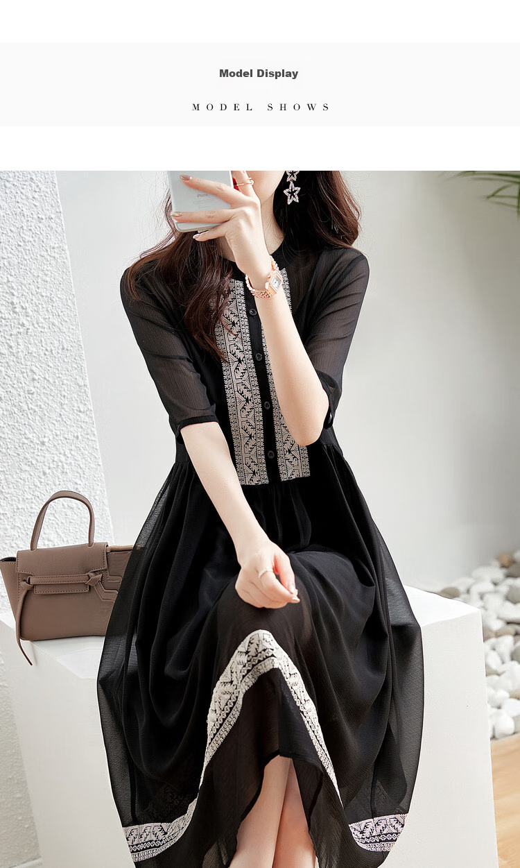 Dme [Cross Embroidery] Summer Commute Simple Chiffon Pleated Loose A-Line Dress for Wome 10