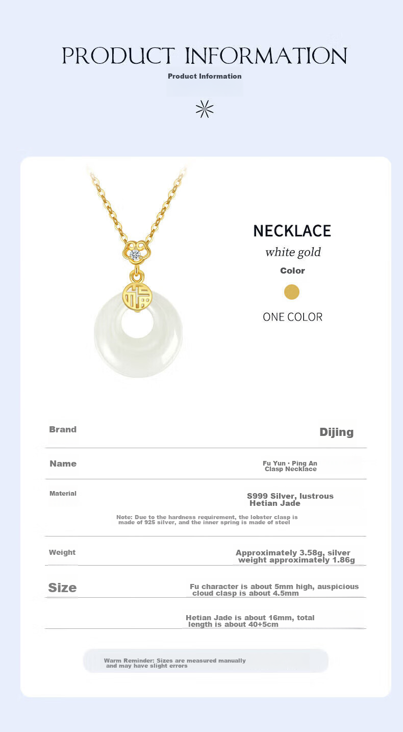 Dijing Peace Buckle Sterling Silver Necklace for Women with Hetian Jade Pendant, Elegant High-End Jade Pendant, Thoughtful Practical Birthday Gift for Wife 8