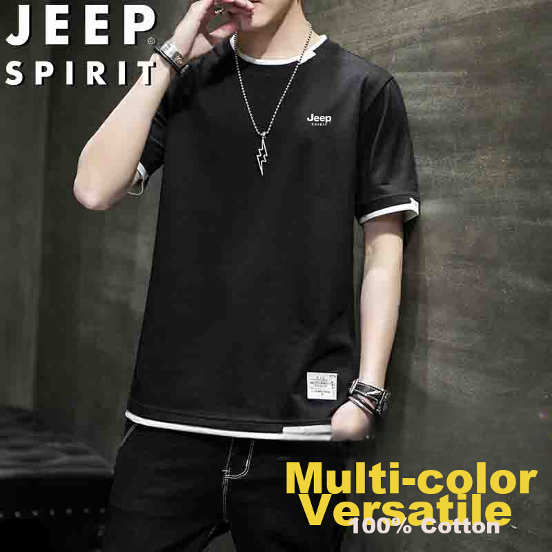 JEEP SPIRIT Men's Short-Sleeve T-Shirt, Summer Half-Sleeve Pure Cotton Casual Undershirt, Round Neck Breathable, Black, 4XL