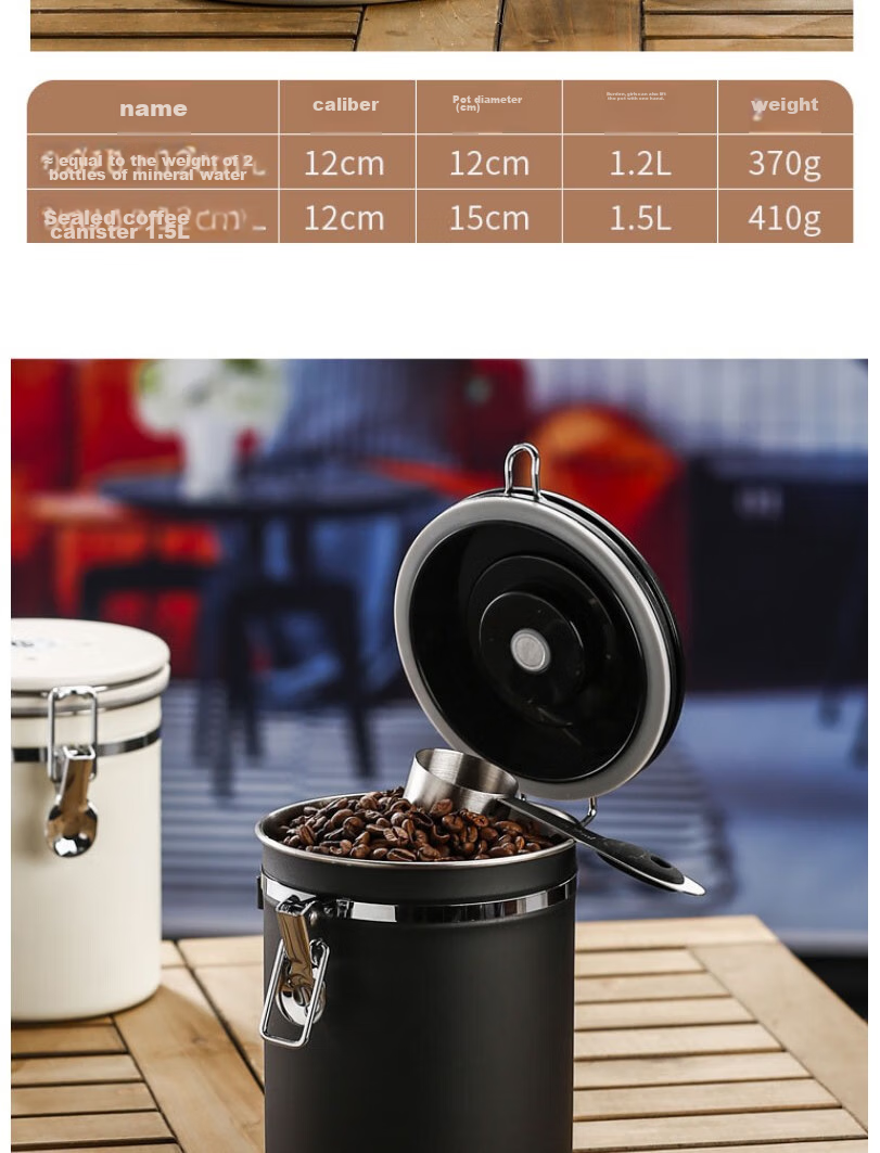 Beiyin Coffee Bean Storage Canister with Spoon, Sealed 304 Stainless Steel Container, Ventilated, Date Setting Option, Black, 1.5L 12