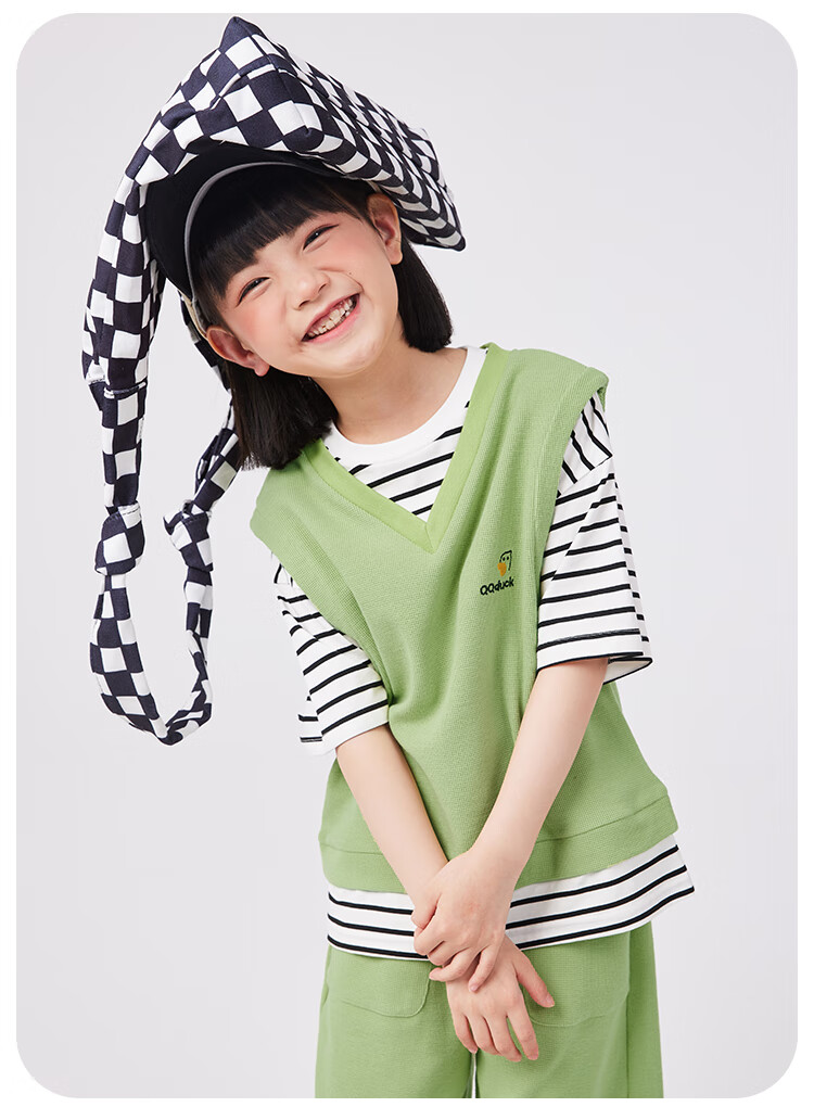 QQ DUCK Girls' Summer Outfit Set, Children's Sports Short-Sleeve Shorts, Youth Clothing, Waffle Texture, Green; Size 120 9