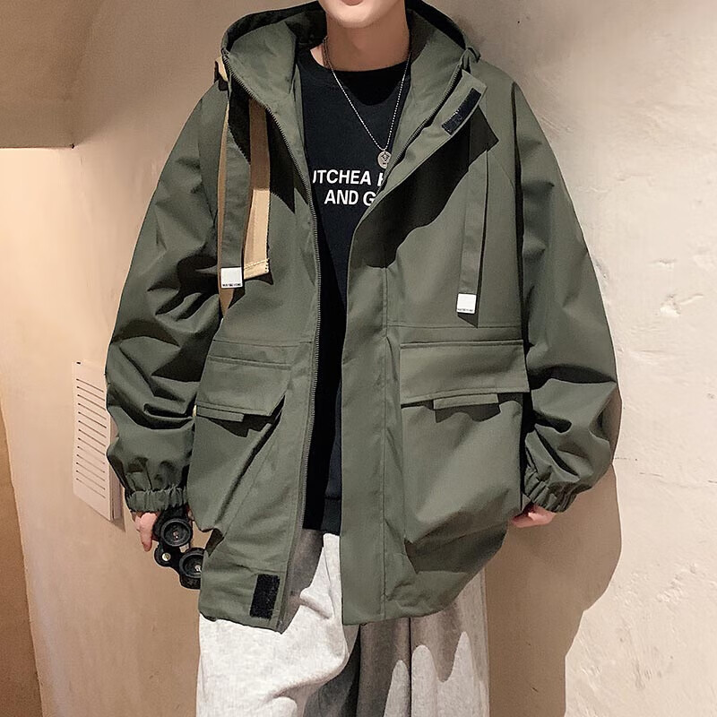 Dingfengbaoluo Men's Jacket, Spring And Summer Loose-Fit Trendy Ins Hooded Workwear Outdoor Coat YM9926 Dark Green XL