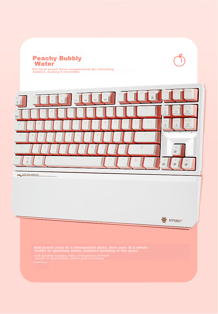 Hyeku X3 Wired/wireless 2.4G Dual-Mode Gaming Mechanical Keyboard, 87 Keys, PBT Keycaps, Kaikhua BOX New Switch, Peach Bubble Water, Kaikhua Rose Red Switch with Clip And Wrist Rest 4