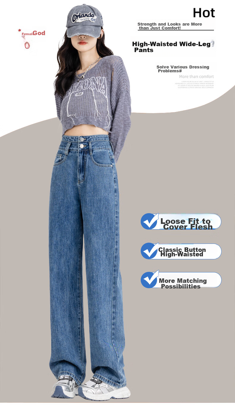 Jeanswest Women's High-Waisted Slimming Straight-Leg Wide-Leg Jeans with Design Flair, Summer Style, Light Blue, Size L 3