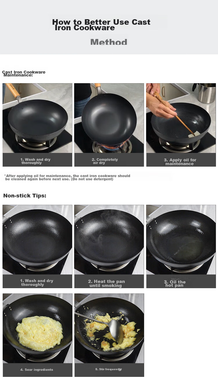 Pearl Life Japanese Imported Double-Sided Concave Non-Coated Iron Pan, 1.6mm Thickened, Compatible with Gas And Induction Cooktops, Wok Pan for Stir-Frying 11