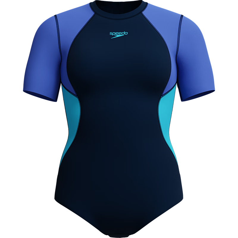 Speedo Women's Swim Active Series Colorblock UV Protection Short Sleeve One-Piece Swimsuit Black/Navy Size 36