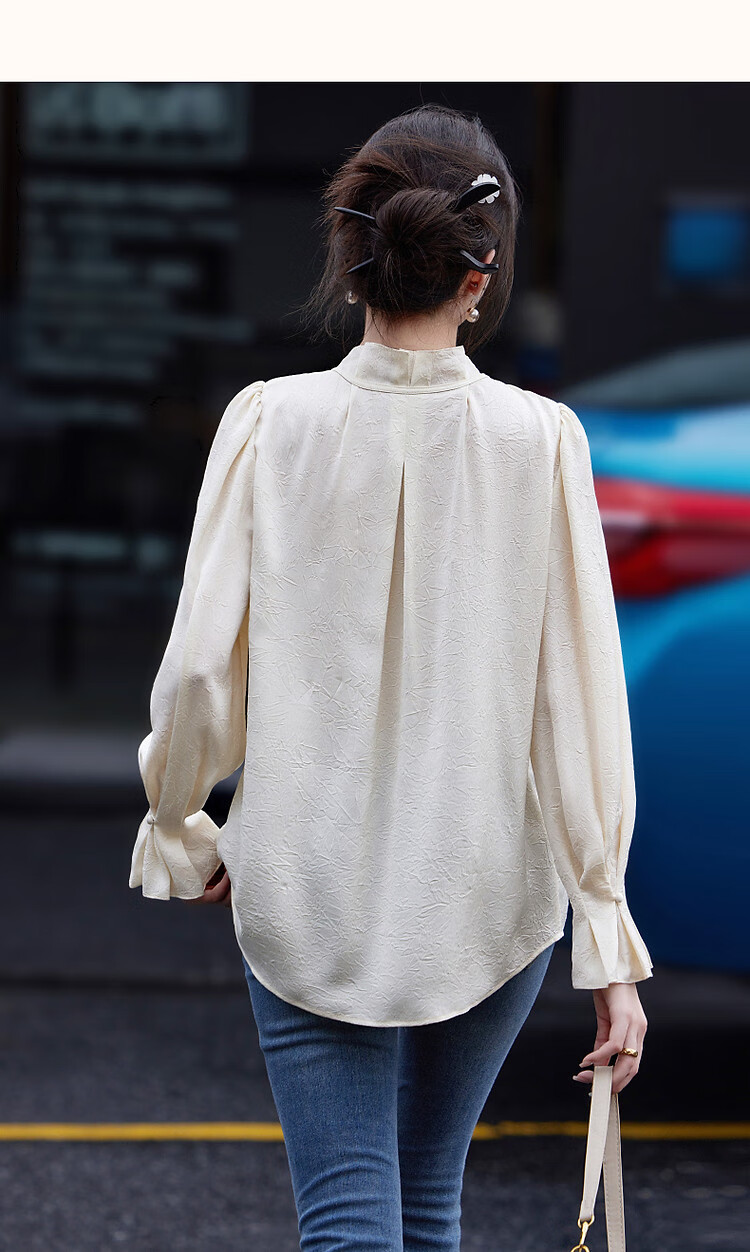 Dme [Ankeala Red] Elegant Office Blouse for Spring And Autumn, Wrinkled Shiny Ruffle Puff Sleeve Shirt Women's Top 11