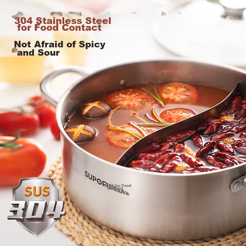 SUPOR 304 Stainless Steel Straight Hot Pot, Thickened Yin-Yang Pot, 30CM, Induction Cooker Soup Pot, ET30AAS03