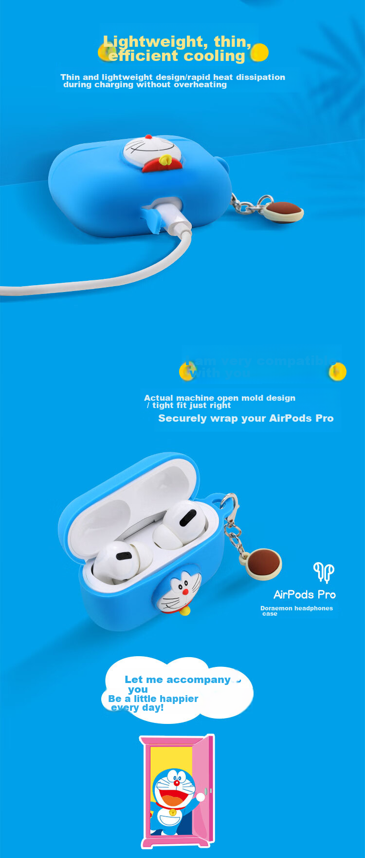 ROCK Doraemon Compatible AirPods Pro First Generation Protective Case, Apple AirPods Pro Earphone Protective Cover, Silicone Cartoon Anti-Slip Dustproof Shockproof Full Coverage Soft Case 4