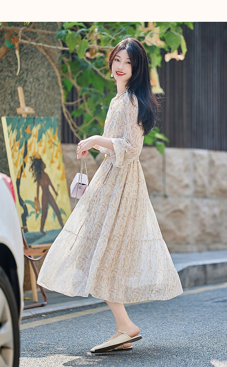 Dme [Fresh And Comfortable] Spring And Autumn Lightweight Chiffon Floral Print Women's Dress, Square Neckline, Ruffle Trim, Puff Sleeves, One-Piece Dress 11