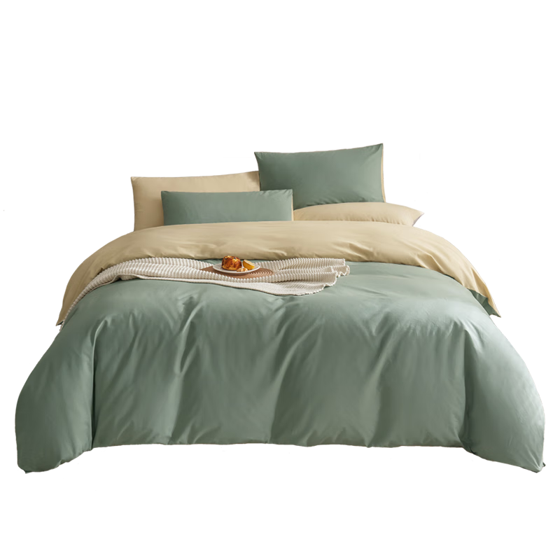 JD Original Pure Cotton Four-Piece Bedding Set, National Standard Class A, Linen-Like Air Wash, Pure Cotton Moisture-Absorbing Breathable Bed Sheet Duvet Cover Pillowcase Bedding Set for 1.5m Bed, Eucalyptus Gree