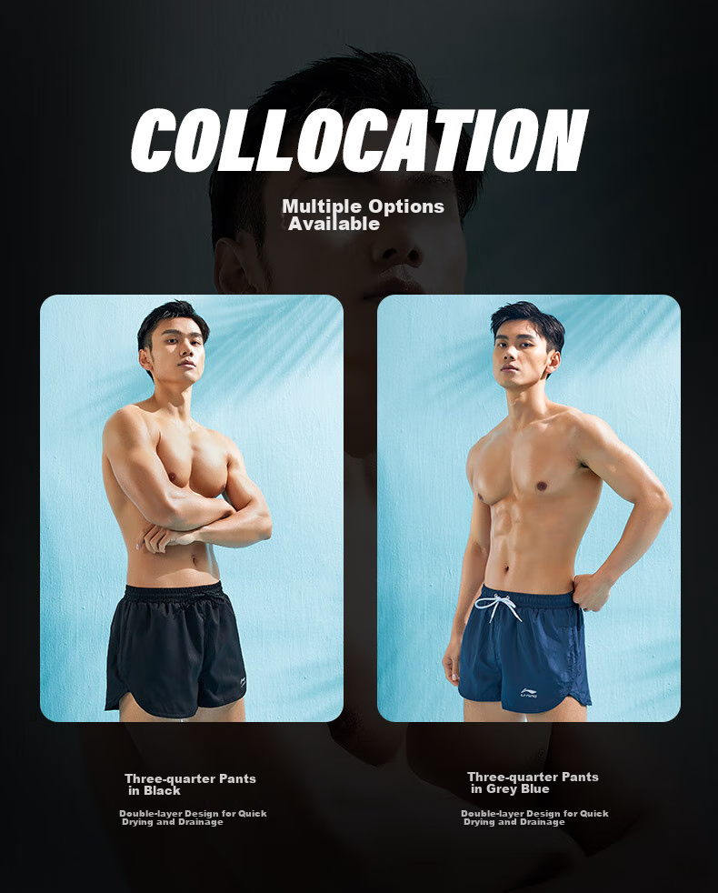 Li-Ning Men's Swim Trunks, Loose-Fitting Anti-Embarrassment Swimsuit Set, Dual-Use for Water And Land, Black Short-Sleeve Two-Piece Set, 07-25 XXXXL 11