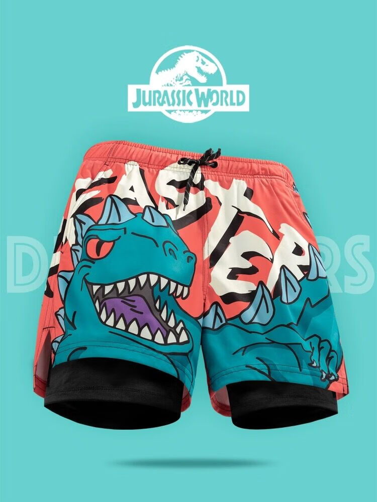 Sulang Hot Spring Swim Trunks for Men, Beach Shorts, Double-Layered Seaside Surfing Sun Protection Water Park Swimwear, Jurassic, 5XL 1
