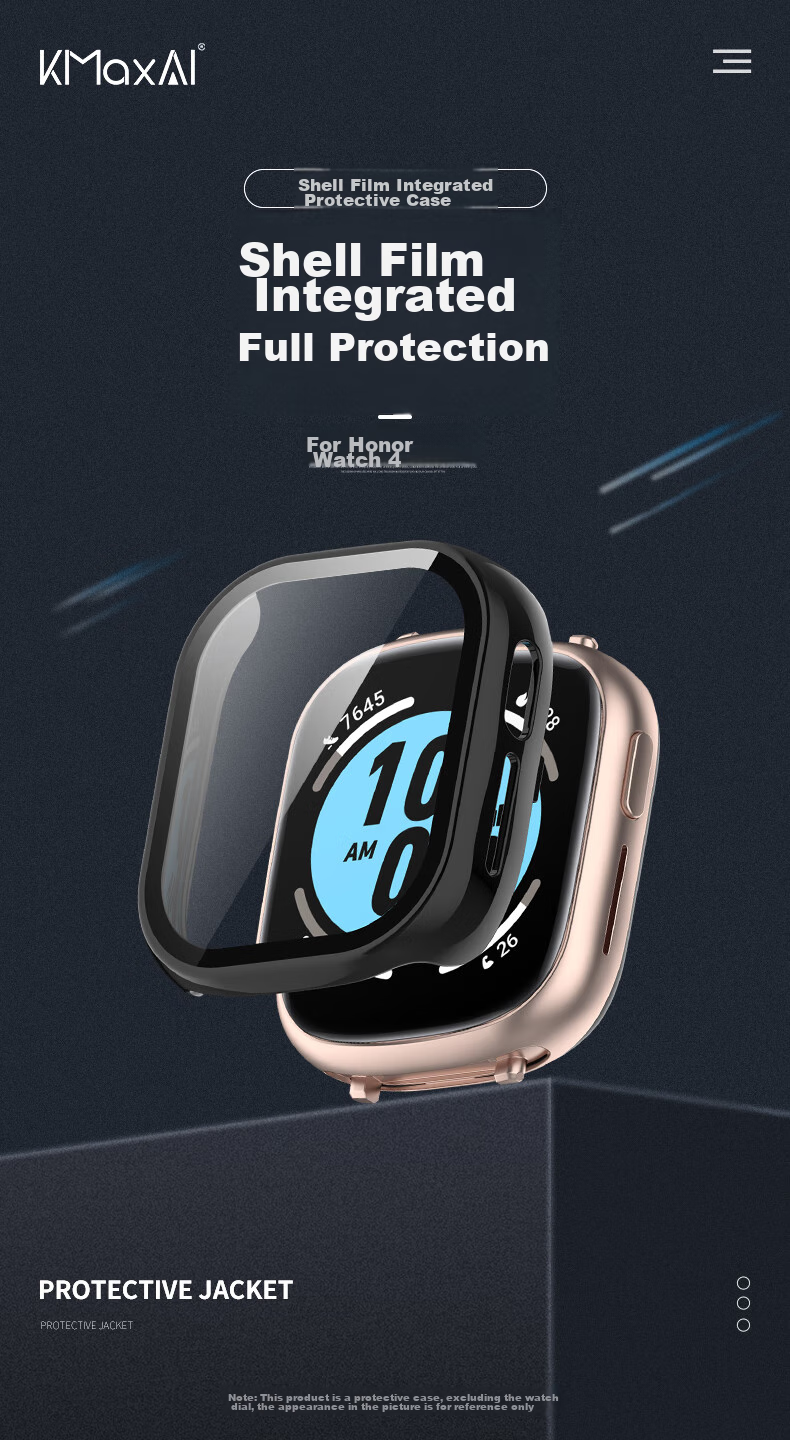 KMaxAI Protective Film And Case for Honor Watch 4, All-In Full Coverage, HONOR Watch 4 Dial Protector & Screen Film, Scratch-Resistant Hard Case, Anti-Fingerprint Tempered Glass Film, Transparent 1