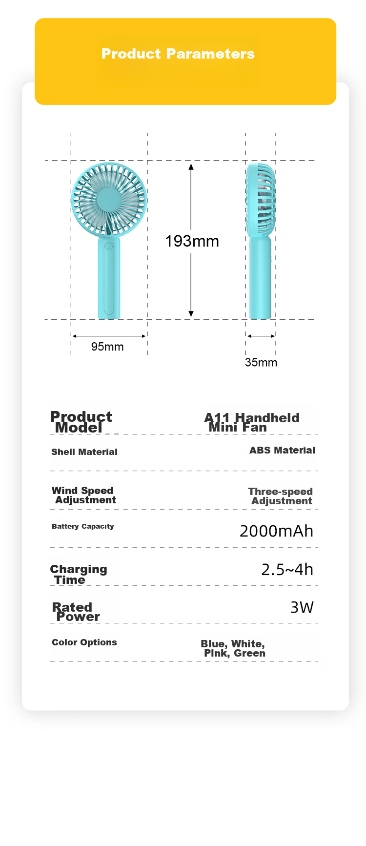 Calayo Handheld Mini Fan Desktop Neck Hanging Long Battery Life Foldable Portable Rechargeable High-Speed Low Noise Outdoor Office Student Dorm Small Fan 3600 Blue 12