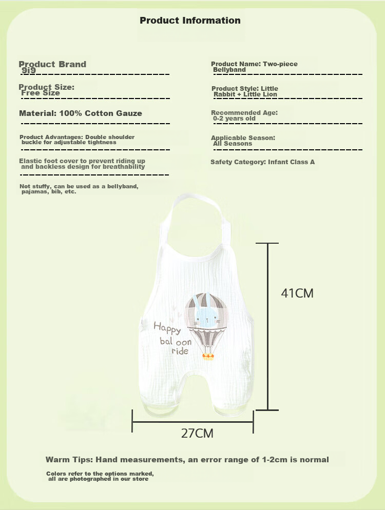 9I9 Baby Belly Cover, Summer Thin Pure Cotton Gauze, Newborn Belly Protection Vest, Infant Sleeping Bag, Onesie, 2-Piece Set, A302 2