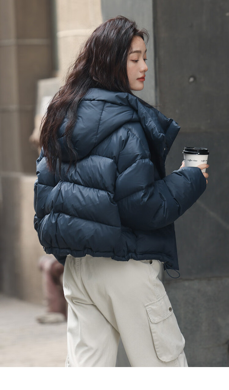 Dme [Navy Blue Short Down Jacket with Large Pockets], Winter Hooded Windproof Button Design down Coat for Wome 10