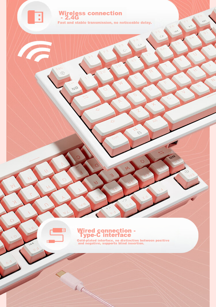 Hyeku X5Pro Wireless Bluetooth Wired Tri-Mode Keyboard with 108 Keys, PBT Keycaps, Peach Bubbles Water, Kaixia BOX Rose Red Switches 11