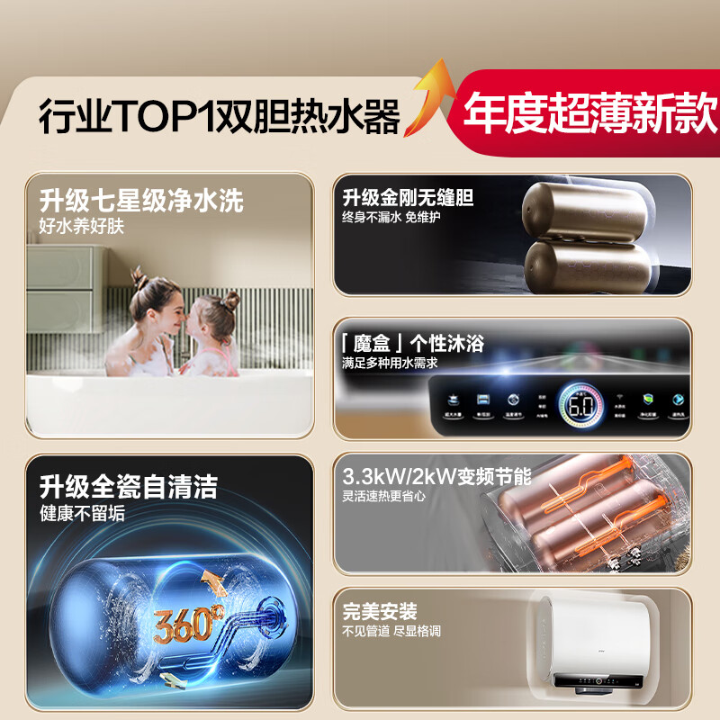 海尔（Haier）60升【小魔盒】瓷净美肤净水洗定制浴超薄扁桶双胆家用电热水器3300W变频速热EC6003HD-BK3PROKAU1
